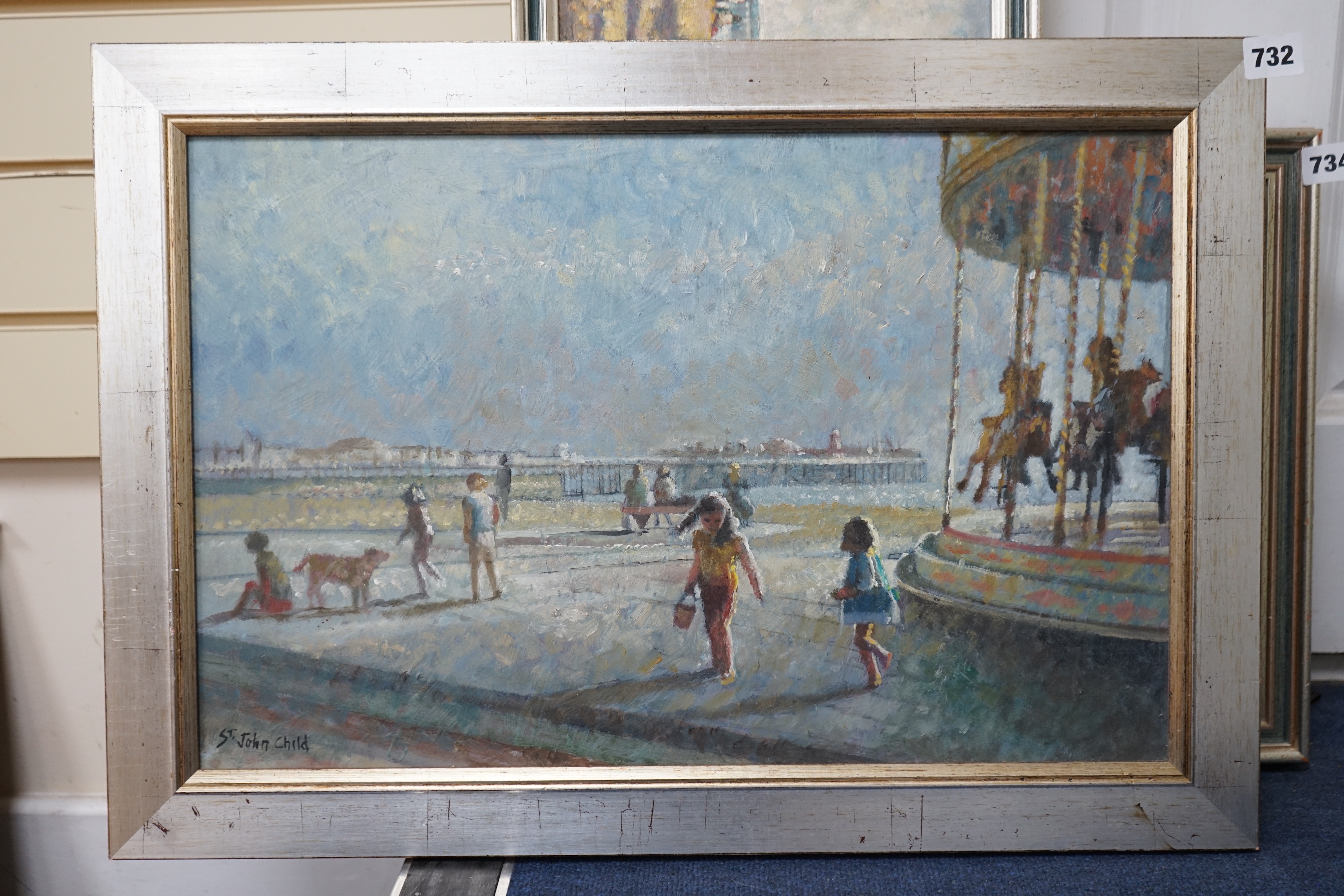 St John Child (b.1936), oil on board, Brighton view onto Palace Pier, signed, 34 x 53cm